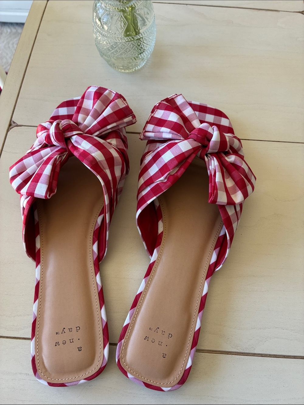 a new day Red and White Gingham Bow Slide Mules